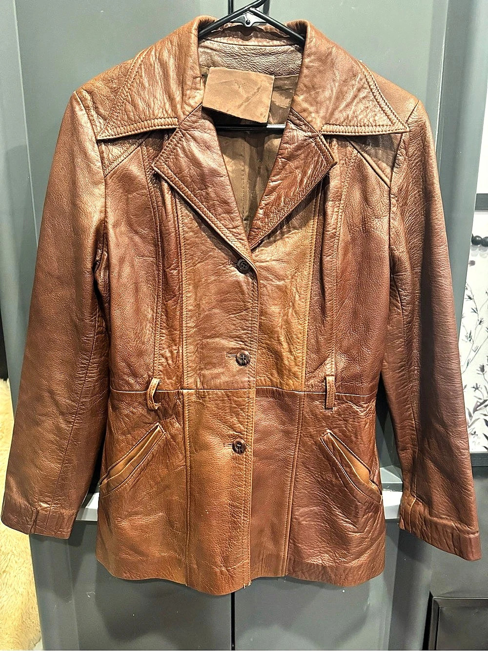 Vintage 70s Cognac Brown Leather Dagger Collar Jacket - Size 12 (Fits Small)